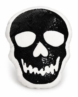 Halloween Skull Pillow Black Sequin White Plush Gothic Spooky Decor 16x12